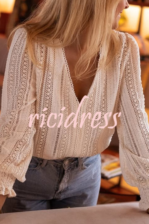 Elegant Openwork V-neck Long-sleeved Casual Shirt