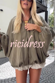 Fashion Lapel Loose Puff Long Sleeve Casual Zipper Jacket