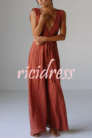 Resort Style V-neck Tie Pleated Casual Jumpsuit
