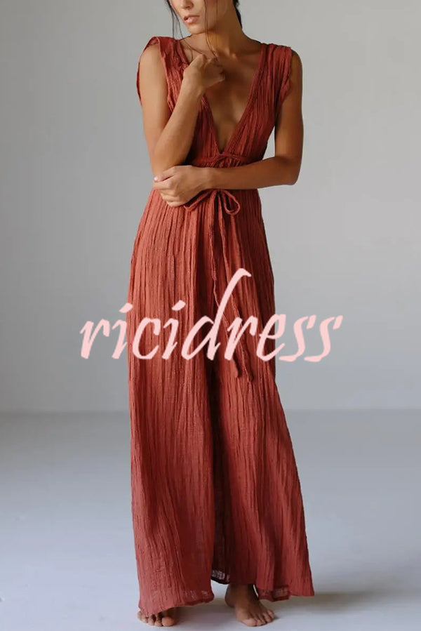 Resort Style V-neck Tie Pleated Casual Jumpsuit