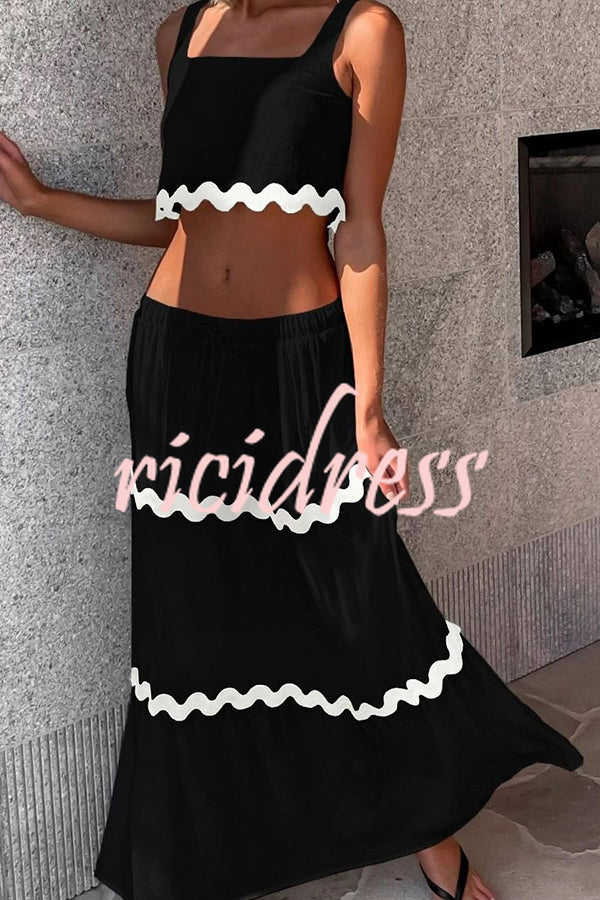 Napa Ric Rac Trims Sleeveless Crop Tank and Drawstring Elastic Waist Pocket Maxi Skirt