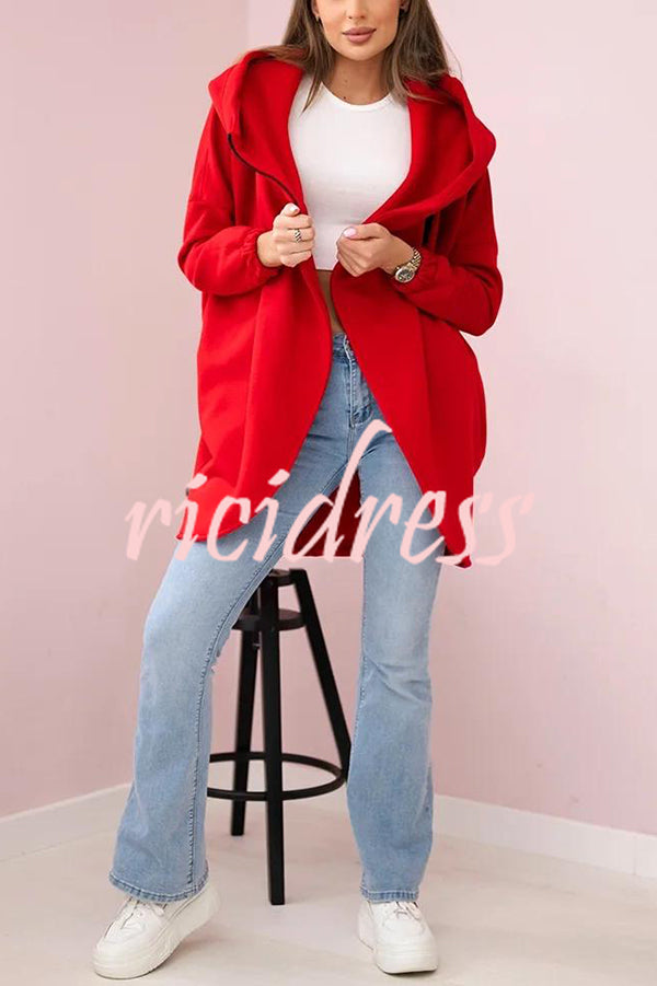 Solid Color Loose Hooded Zip-up Casual Sports Jacket