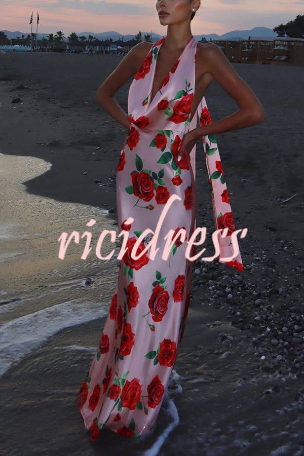 Rose Print Sexy Halter Neck Strappy Backless Slim Fit Maxi Dress