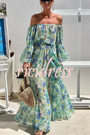 Joyful Journeys Off Shoulder Floral Print Elastic Waist Ruffle Maxi Dress