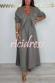 Solid Color Casual Short Jacket and Suspender Pleated Maxi Dress Set