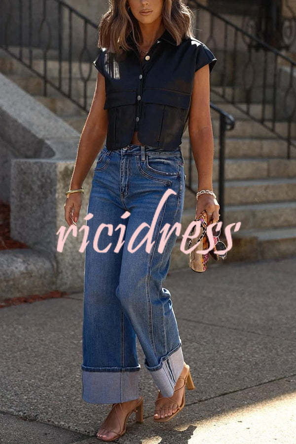 Fashion Faux Leather Pocket Sleeveless Cropped Jacket