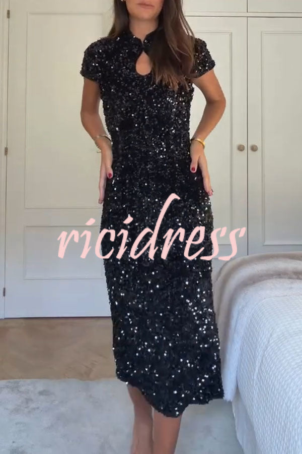 Cheongsam Style Velvet Sequin Stand Neck Short Sleeve Slit Midi Dress