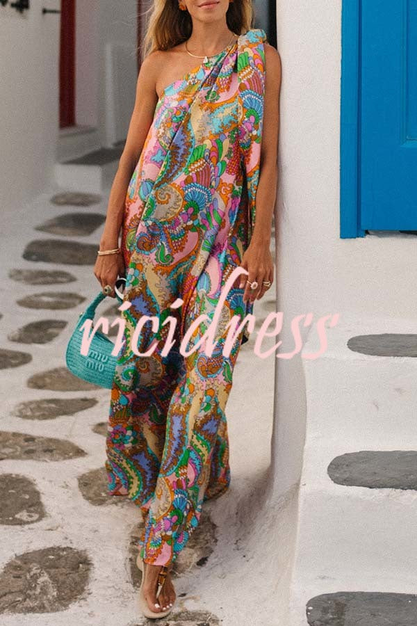 Rainbow Breeze Satin Unique Print Bow One Shoulder Loose Maxi Dress