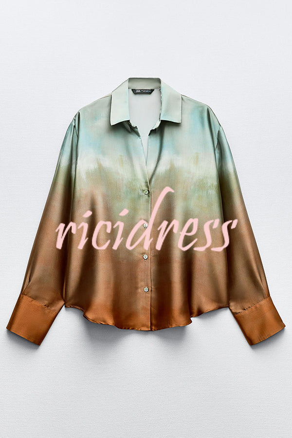 Fashionable Gradient Print Lapel Long Sleeve Casual Shirt