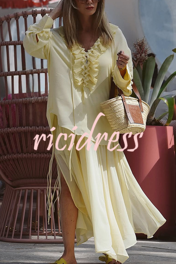 Solid Elastic Waist Drawstring Maxi Skirt