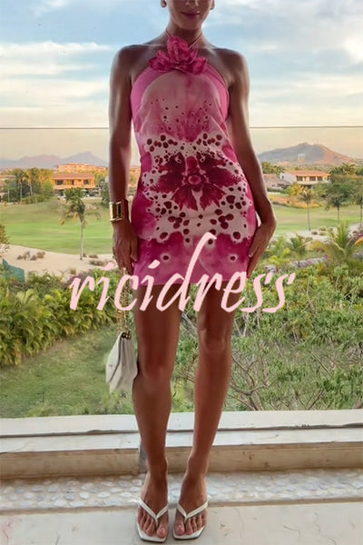Artistic Flavor Linen Blend Printed Orchid Shape Halter Mini Dress
