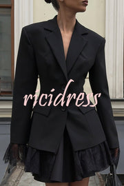 Solid Color Lace Panel Long Sleeve Button Elegant Blazer