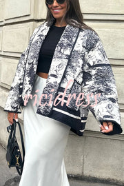 Romantic Songs Porcelain Ink Printed Pocket Quilted Cotton Kimono Jacket