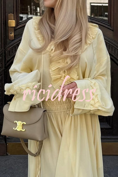 Solid Color Pleated Ruffled Tie Long Sleeve Loose Shirt