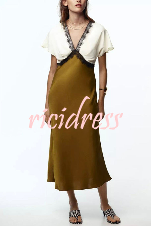 Fashionable Contrast Color V-neck Lace Stitching Maxi Dress