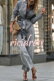 Casual Meetup Denim Stand Neck Long Sleeve Belted Loose Jacket