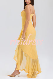 Retro Romantic Style Mesh Ruffle Trim Ruched Slit High Low Maxi Dress