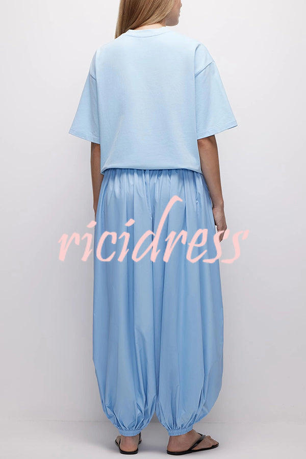 Solid Color Casual Pocket Elastic Waist Lantern Wide Leg Pants