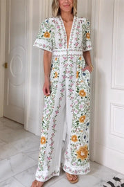 Natural Charm Linen Blend Floral  Print Short Sleeve Pocketed Wide Leg Jumpsuit