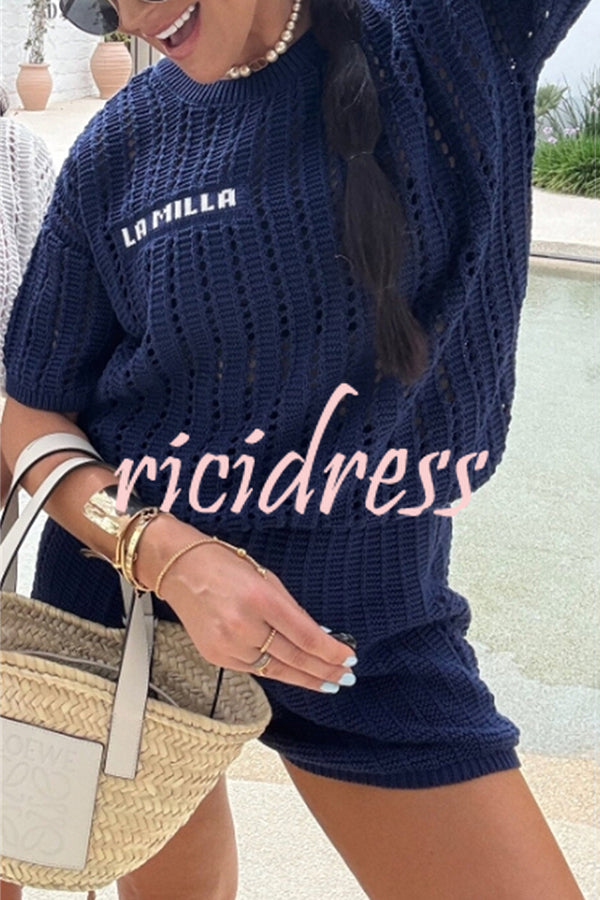 Fashionable Hollow Knit Short-sleeved Top and Elastic High-waist Casual Shorts Set