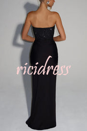 Carina Sequined and Satin Jersey Off Shoulder Ruched Knot Drape Maxi Dress