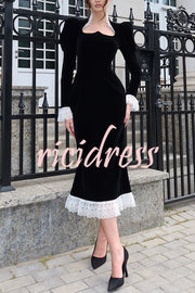 Baroque Style Velvet Lace Trim Sweetheart Neck Long Sleeve Flare Midi Dress