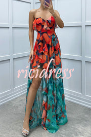 Loving Moment Gradient Unique Print Flowing Layered Ruffles Strapless Slit Maxi Dress