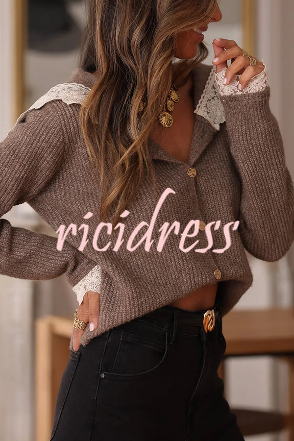 Fashionable Lace-trimmed Sailor Collar Casual Knit Cardigan