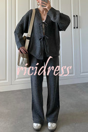 Solid Color V-neck Tie Long-sleeved Loose Knit Cardigan and Elastic Waist Casual Straight Leg Pants Set