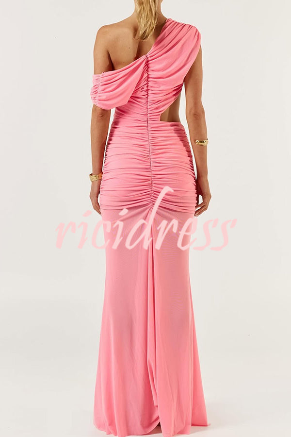 Ceilia Mesh Off Shoulder Cutout Waist Ruched Stretch Maxi Dress