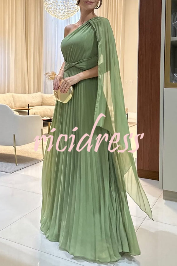 Kate Pleated One Shoulder Drape Sleeve Twist Waist Maxi Dress