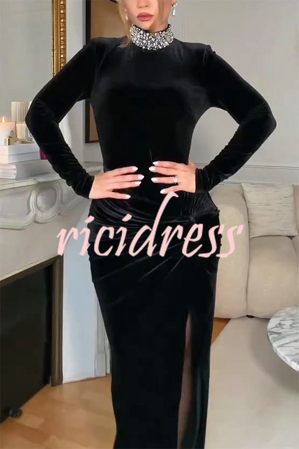 Love Lost Velvet Embellished High Neck Long Sleeve Twist Slit Maxi Dress