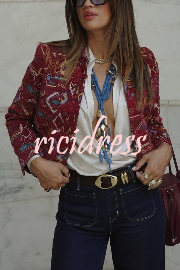 Vintage Bohemian Printed Chinese Style Buttons Long Sleeve Crop Jacket