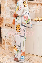 Summer Plant Fruit Print Casual Short Sleeve Shirt and Elastic Waist Loose Wide Leg Pants Set