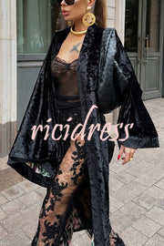 Gorgeous Glossy Velvet Long Bell Sleeve Tie-up Pocket Midi Kimono Coat
