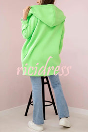 Solid Color Loose Hooded Zip-up Casual Sports Jacket