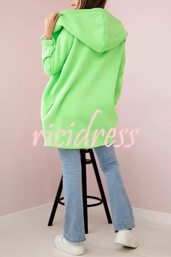 Solid Color Loose Hooded Zip-up Casual Sports Jacket