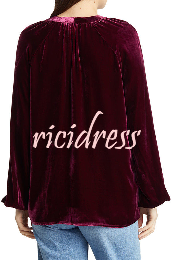 Solid Color Velvet V-neck Long-sleeved Shirt