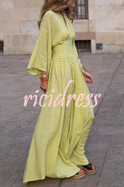 Geometric Print V Neck Long Sleeve Maxi Dress