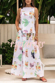 Island Paradise Linen Blend Unique Print Tie-up Slit Tank and Elastic Waist Pocketed Maxi Skirt Set