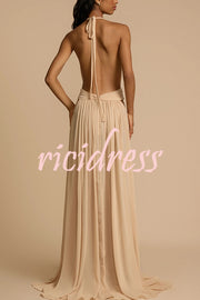 Ethereal Moment Tulle Cutout Ruched Waist Backless Halter Maxi Dress