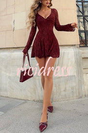 Fashionable Lace Long-sleeved V-neck Slim-fit Mini Dress
