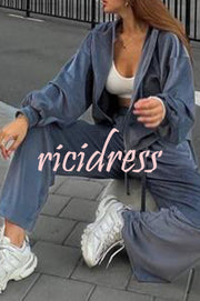 Velvet Zip Up Hooded Top and Drawstring Pants Two Piece Set