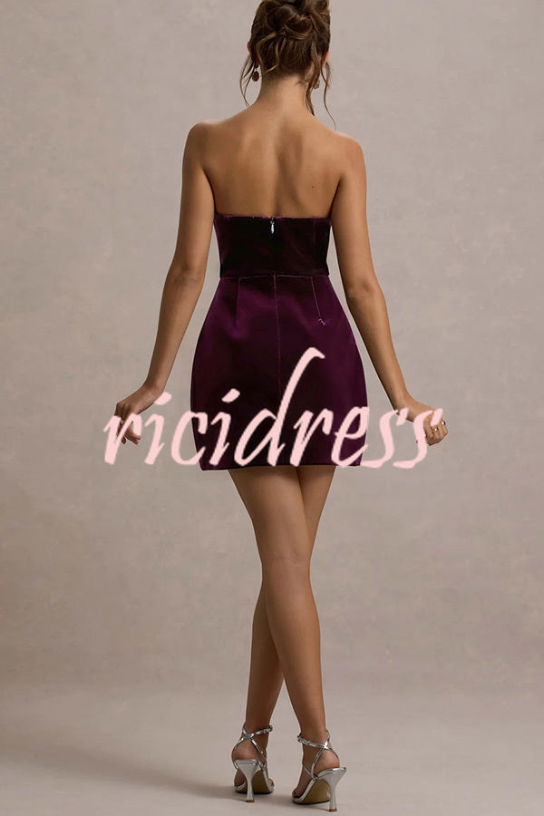 Effortlessly Elegant Velvet Jewel Embellished Trim Bandeau Mini Dress