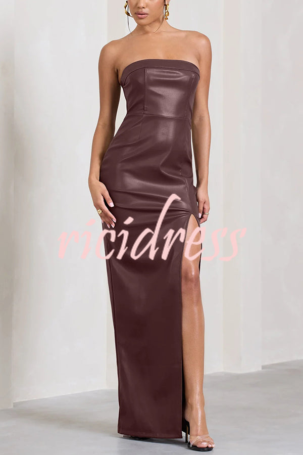 Sexy Meaning Faux Leather Strapless Bandeau Split Maxi Dress