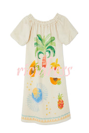 Sunveil Linen Blend Unique Print Puff Sleeve Pocket Strapless Maxi Dress