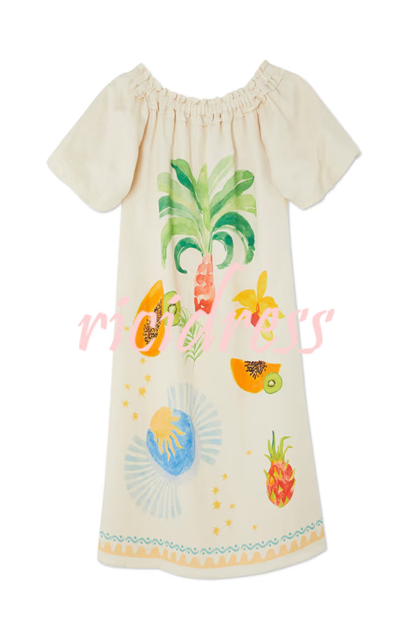 Sunveil Linen Blend Unique Print Puff Sleeve Pocket Strapless Maxi Dress