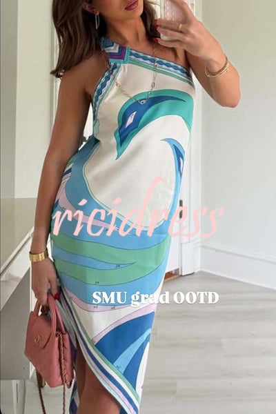 On Island Satin Unique Print One Shoulder Irregular Hem Vacation Midi Dress