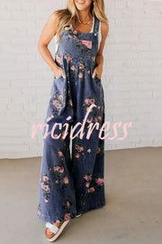 Fashion Floral Print Casual Button Pocket Loose Denim Overalls