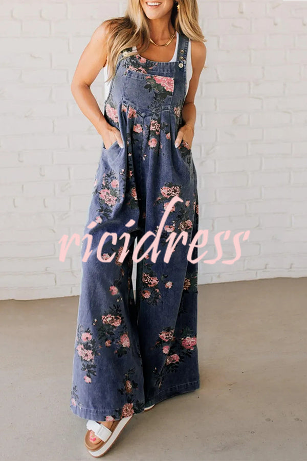 Fashion Floral Print Casual Button Pocket Loose Denim Overalls